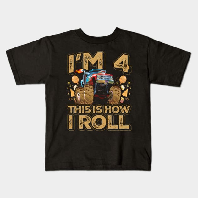 4 Year Old Boy Toddler Monster Truck Party 4th Birthday Kids T-Shirt by aneisha